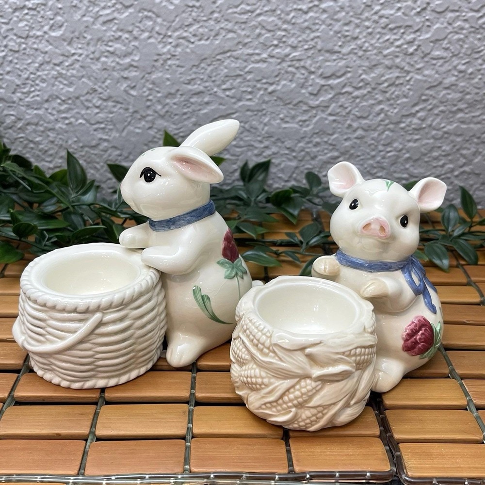 Vintage Lenox Poppies on Blue Barnyard Bunny Rabbit & Pig Votive Candle Holders